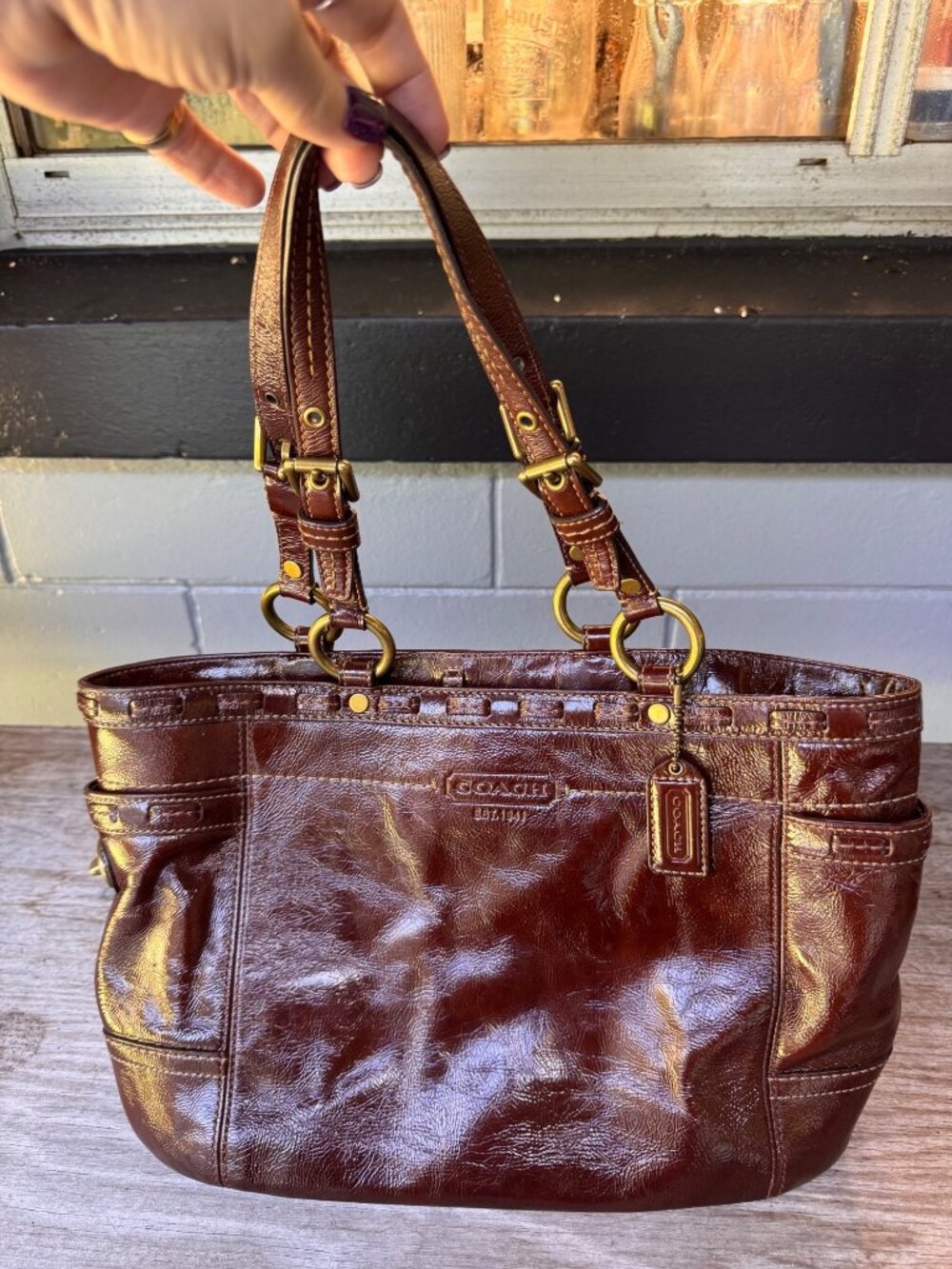 Coach Gallery Tote 11500 Brown Patent Leather Laced Brass Shoulder Bag